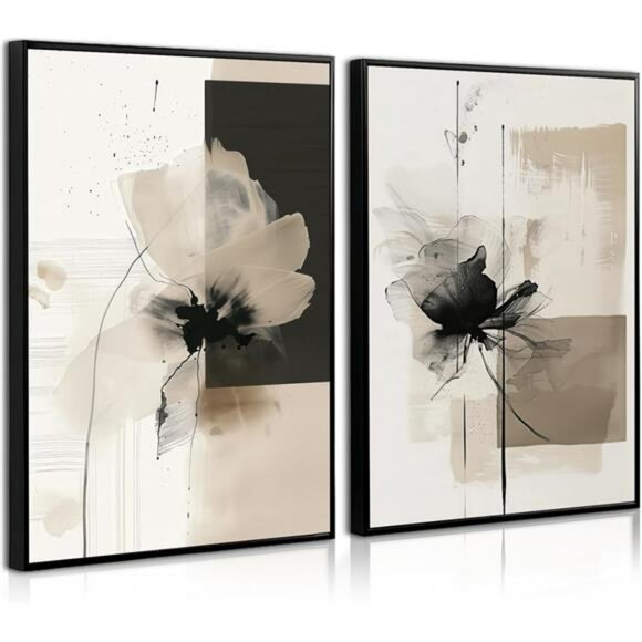 Modern abstract floral wall art neutral beige black canvas prints set of 2 decor - Picture 1 of 8
